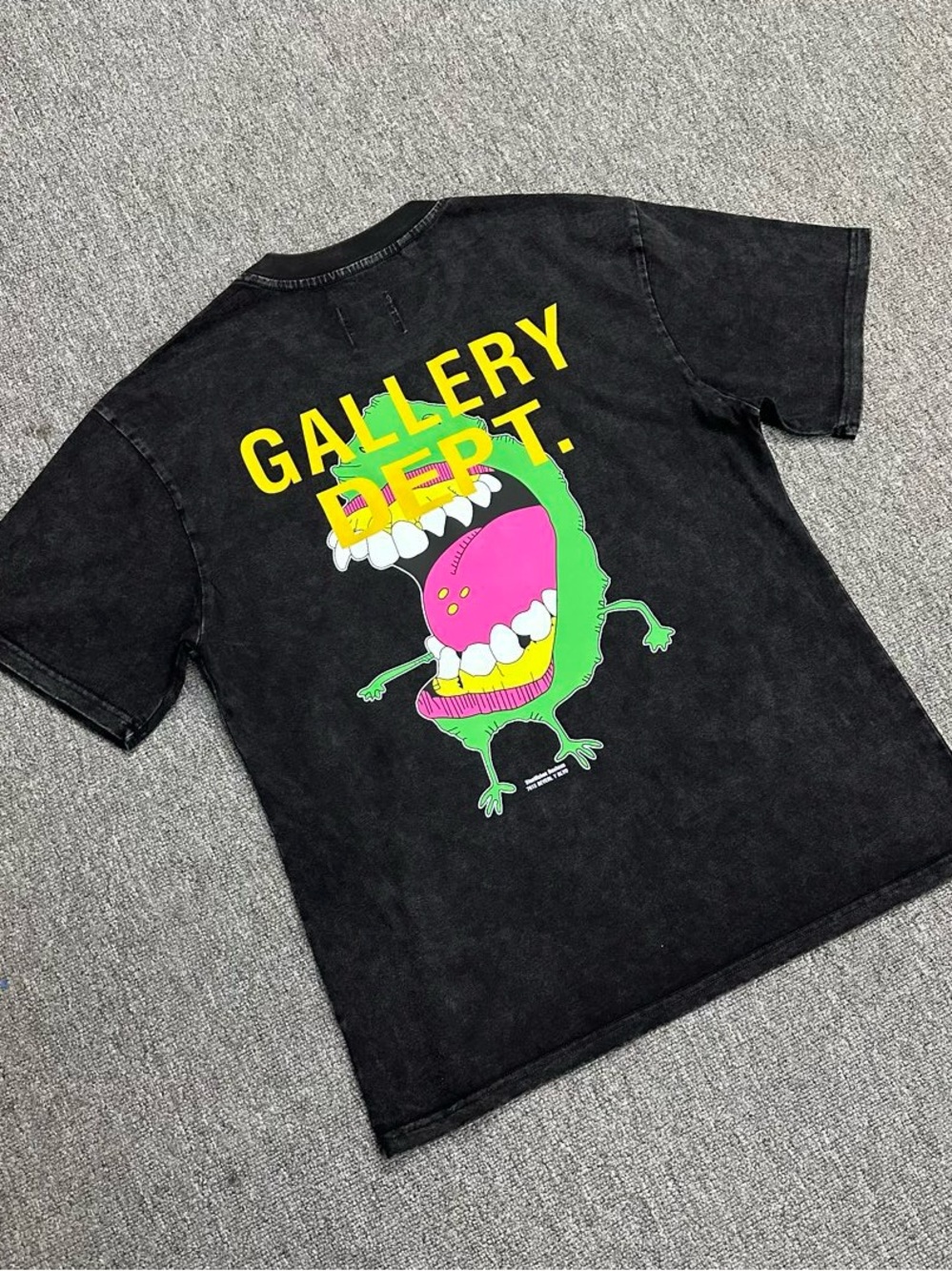 Gallery Dept Black Tee with Neon Green and Pink Monster Graphic